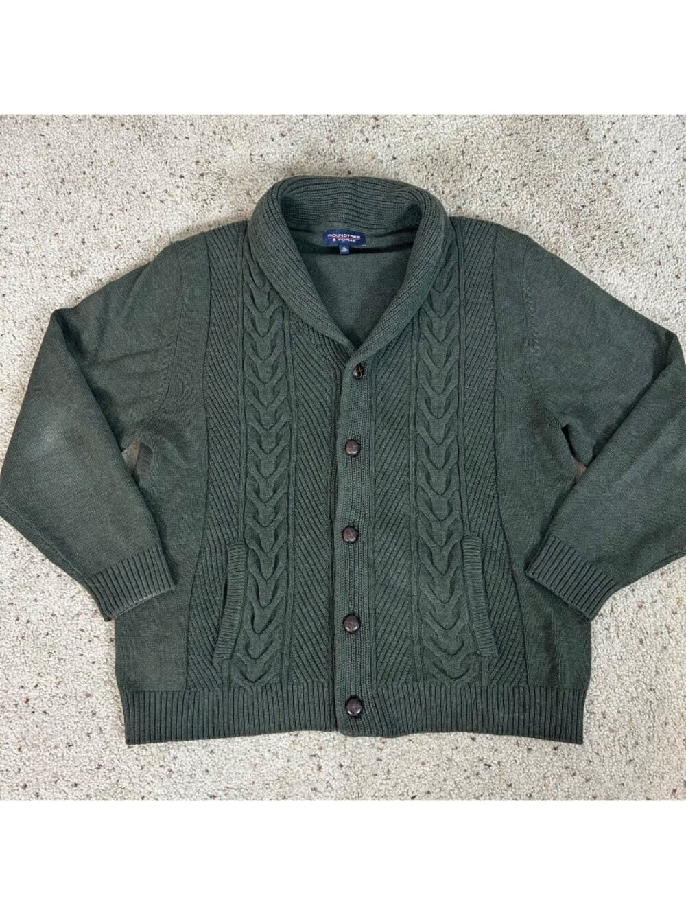 Men's Chunky Cable Knit Cardigan Sweater Green Shawl Collar Size XL